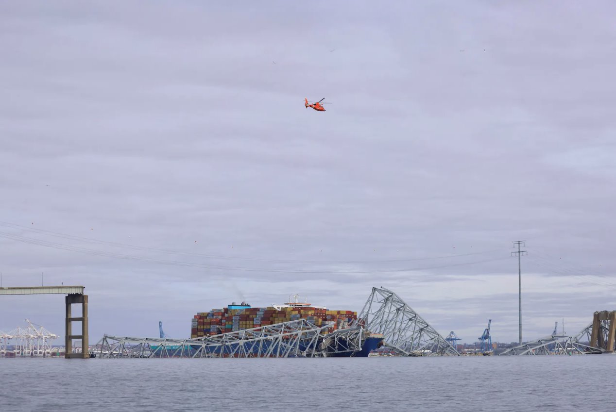 2024年3月26日，美國馬里蘭州巴爾的摩，Dali貨輪撞上弗朗西斯&middot;斯科特基大橋并導(dǎo)致橋梁倒塌。