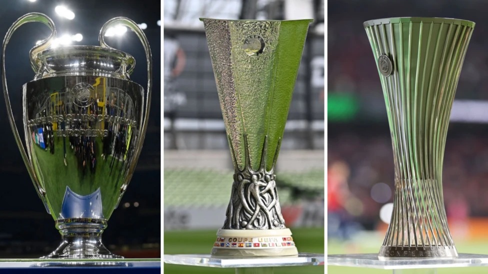 圖片展示了歐洲冠軍聯(lián)賽、歐洲聯(lián)賽和聯(lián)賽冠軍獎(jiǎng)杯