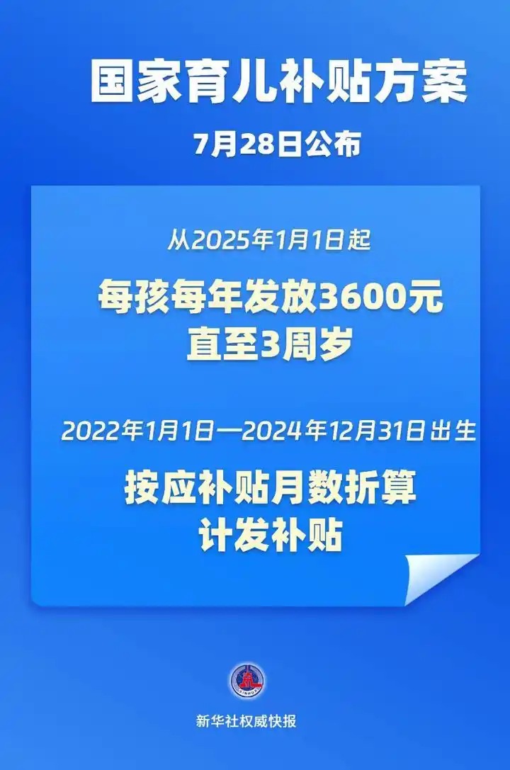 育兒補貼來了！3歲前每娃每年3600元