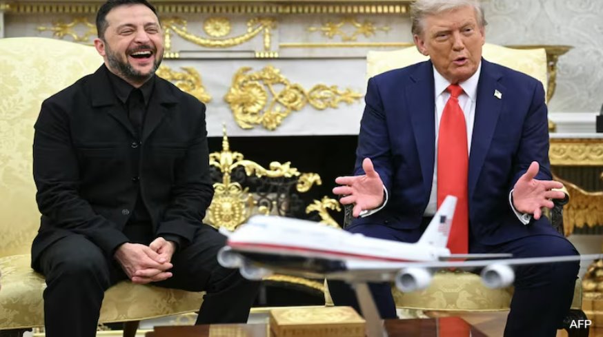 身穿黑色夾克的澤連斯基周一會(huì)見了美國總統(tǒng)唐納德·特朗普